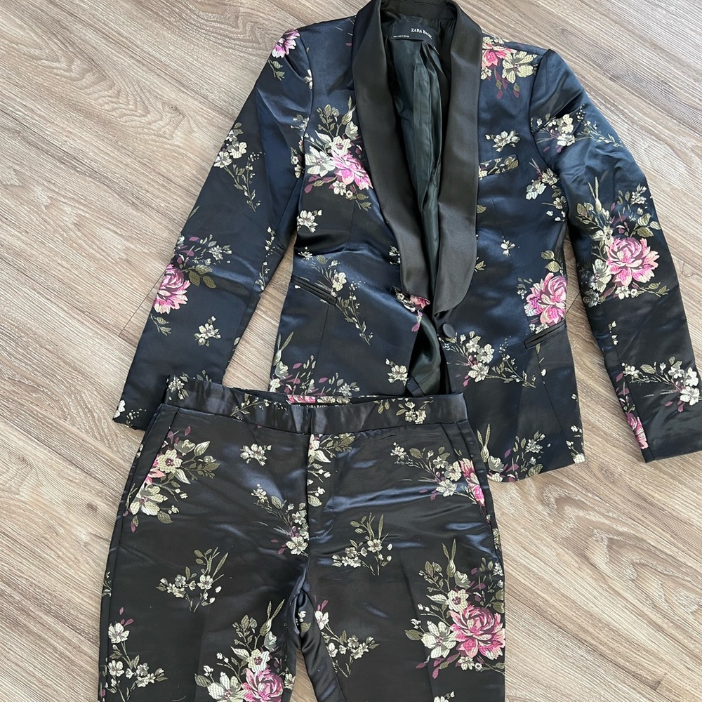 Zara black satin suit SET with floral design, blazer small, trouser medium